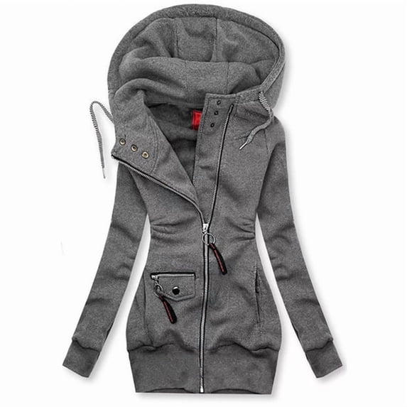 MORTTIC Women's Solid Color Drawstring Hooded Long Sleeve Zip Up Jackets Button Pocket Details Slim Fit Top Gray,S