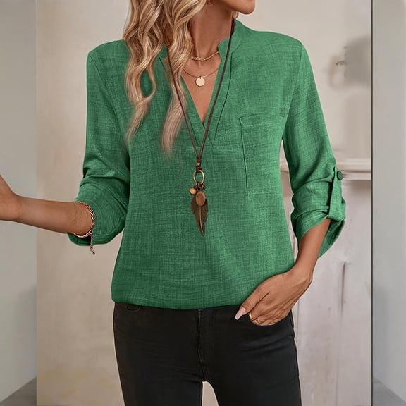 MORTTIC Women's Solid Color Elegant V-Neck Long Sleeve Blouse Lightweight Top with Button Detail Green S