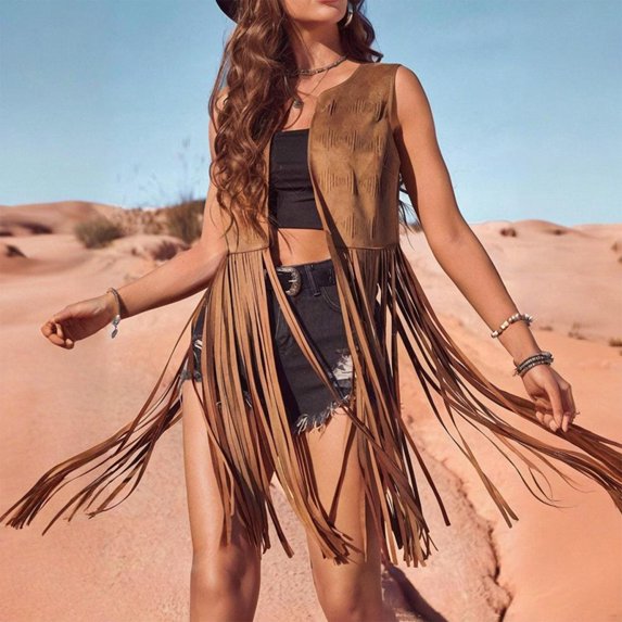 MORTTIC Women's Solid Color Elegant Western Fringe Vest - Round Neck Side Slit Hem With Boho Tassel Details