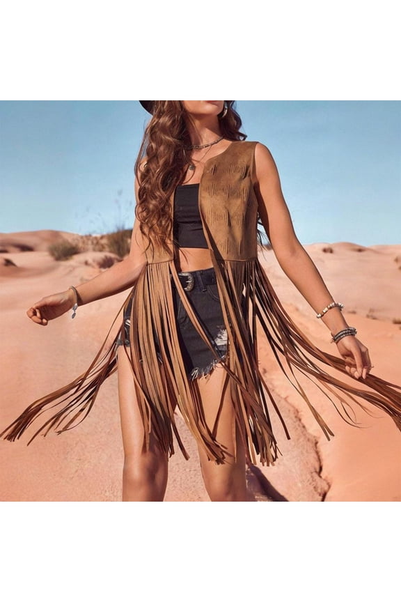 Women's Solid Color Elegant Western Fringe Vest - Round Neck Side Slit Hem With Boho Tassel Details