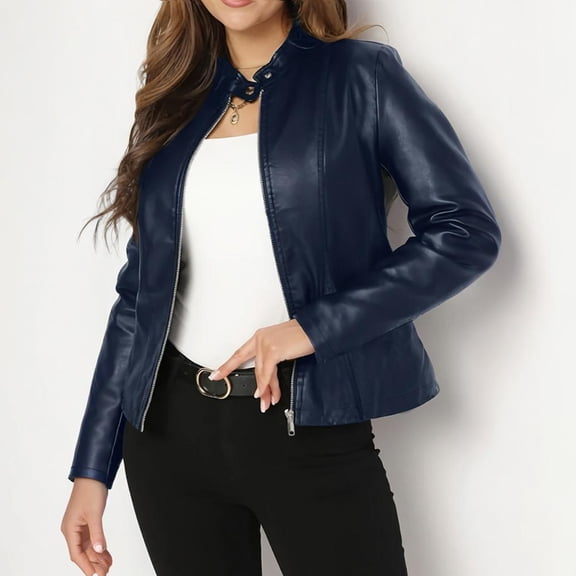 MORTTIC Women's Solid Color Faux Leather Blazer Stand Collar Long Sleeve Zippered Jacket with Single Button Detail Navy Blue，XL