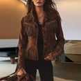 thumbnail image 1 of MORTTIC Women's Solid Color Faux Suede Fringe Jacket Long Sleeve Button Front Western Style Fall&Winter Coat Coffee，S, 1 of 8