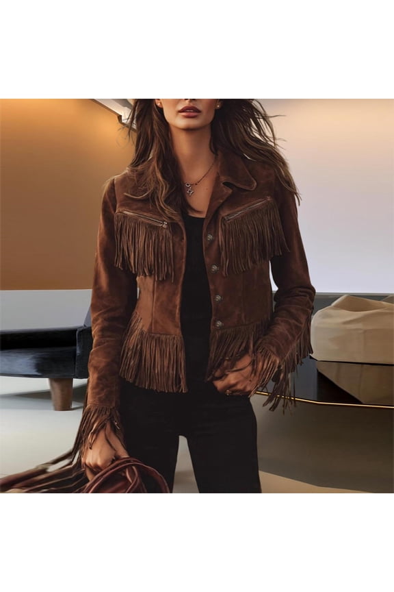 Women's Solid Color Faux Suede Fringe Jacket Long Sleeve Button Front Western Style Fall&Winter Coat Coffee，S