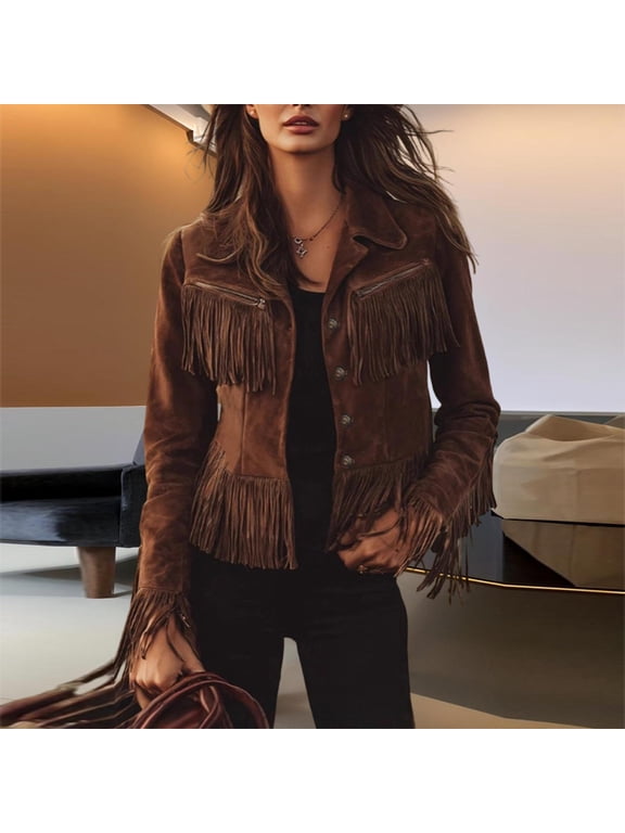 Women's Solid Color Faux Suede Fringe Jacket Long Sleeve Button Front Western Style Fall&Winter Coat Coffee,S