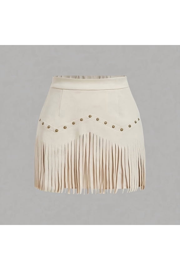 Women's Solid Color Fringe Denim Mini Skirt, Western Style A-Line Skirt with Decorative Buttons Beige,M