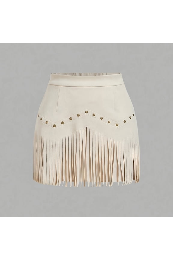 Women's Solid Color Fringe Denim Mini Skirt, Western Style A-Line Skirt with Decorative Buttons Beige,M