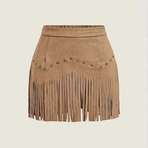 MORTTIC Women's Solid Color Fringe Denim Mini Skirt, Western Style A-Line Skirt with Decorative Buttons Camel Color，S
