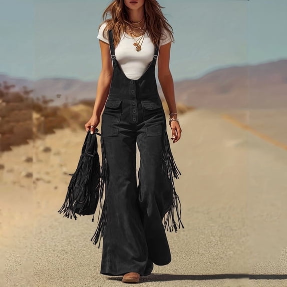 MORTTIC Women's Solid Color Fringe Wide-Leg Jumpsuit Western Style Overall with Pockets And Adjustable Straps Button Black,M