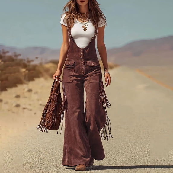 MORTTIC Women's Solid Color Fringe Wide-Leg Jumpsuit Western Style Overall with Pockets And Adjustable Straps Button Dark Red,S