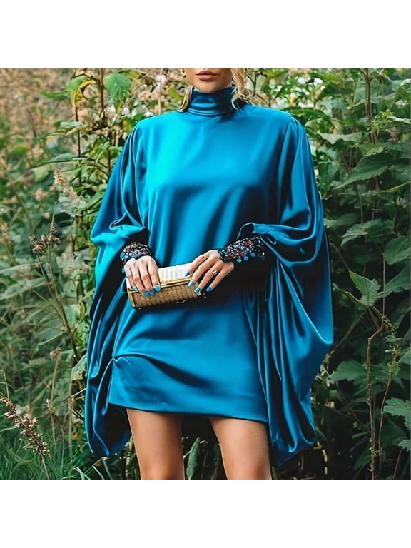 Women's Solid Color High Neck Blouson Dress Plus Size Elegant Short Dress with Lantern Sleeves Blue,XL