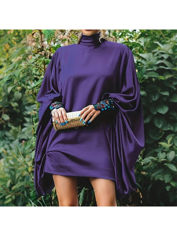 Women's Solid Color High Neck Blouson Dress Plus Size Elegant Short Dress with Lantern Sleeves Purple,2XL