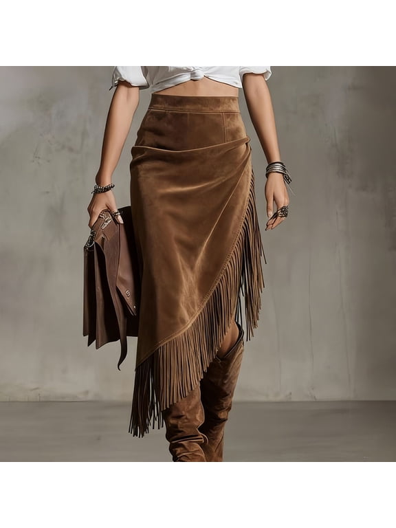 Women‘s Solid Color High Waist Irregular Suede Skirt with Fringe Tassel & Pleated Details – Western Style Dark Brown,M