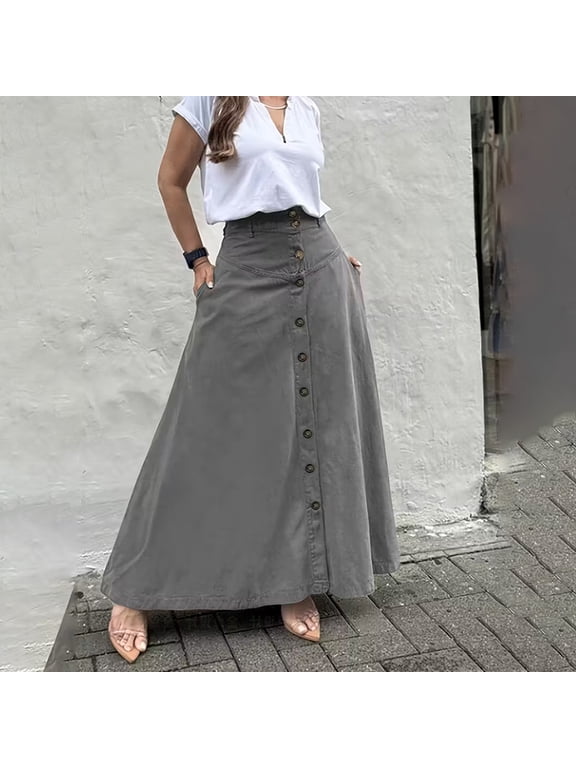 Women's Solid Color High-Waisted A-Line Skirt with Slit, Button Front Midi Skirt with Pockets Gray,M