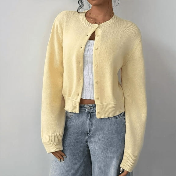 MORTTIC Women's Solid Color Knit Cardigan Long Sleeve Button Front Open Short Sweater Coat For Fall/Winter Yellow XL