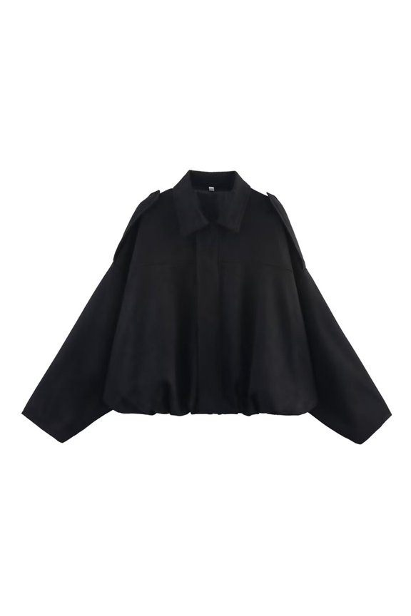 Women's Solid Color Lapel Pilot Jacket with Bat Sleeves Zip Front Casual Spring Fall Outerwear Black，M