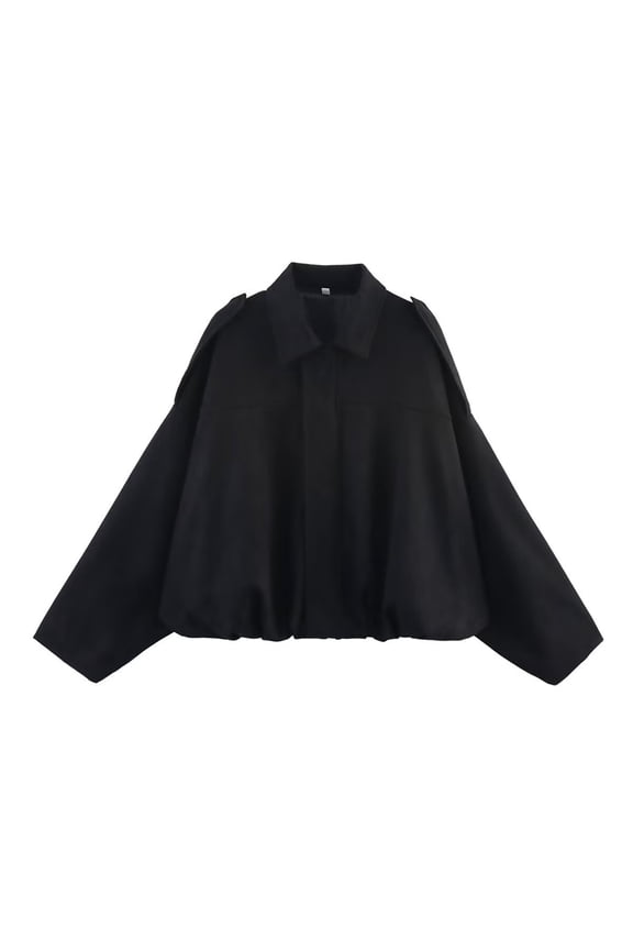 Women's Solid Color Lapel Pilot Jacket with Bat Sleeves Zip Front Casual Spring Fall Outerwear Black,S