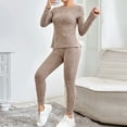thumbnail image 1 of MORTTIC Women's Solid Color Lounge Set - Long Sleeve Round Neck Top & Slim Fit Pants with Ribbed Details Light Brown，L, 1 of 4