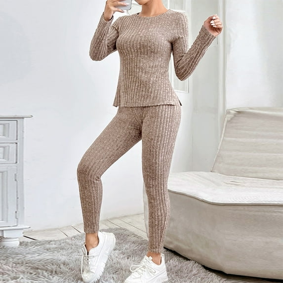 MORTTIC Women's Solid Color Lounge Set - Long Sleeve Round Neck Top & Slim Fit Pants with Ribbed Details Light Brown,M