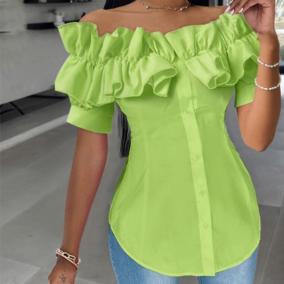MORTTIC Women's Solid Color Pleated Lace Off-Shoulder Blouse with Button Slim Summer Short Sleeve Shirt Green，XL