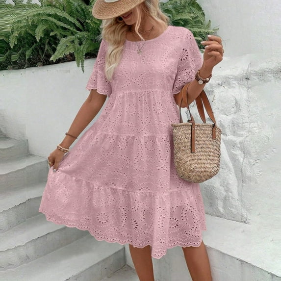 MORTTIC Women's Solid Color Round Neck Short Sleeve Dress with Hollow-out Splice Design Summer Midi Dress Pink，XXL