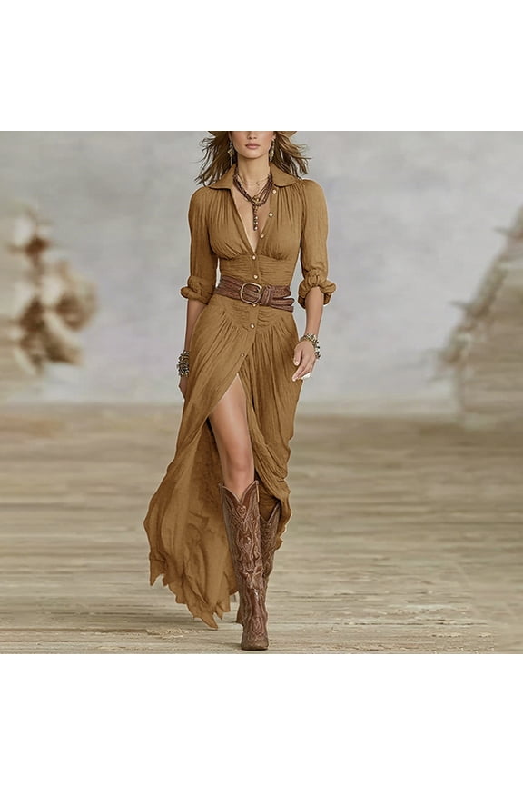 Women's Solid Color Shirt Dress with Belt Long Sleeve Button-Down Tiered Ruffle Dress with High Slit Earthy Yellow,M