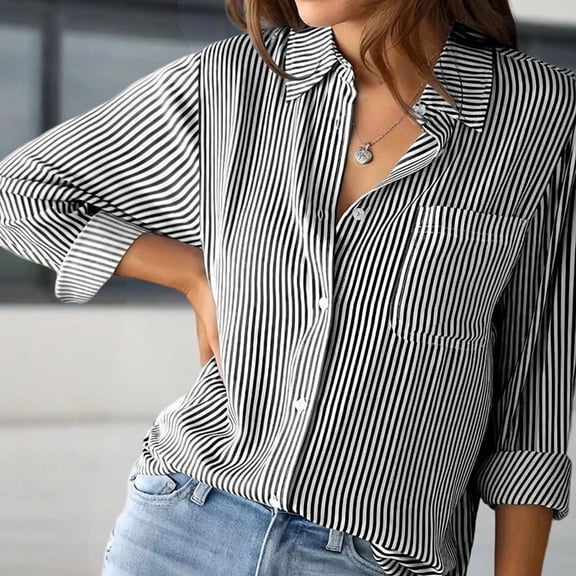 MORTTIC Women's Solid Color Striped Long Sleeve Shirt - Pointed Lapel Collar with Chest Pocket, Non-Stretch Elegant Top
