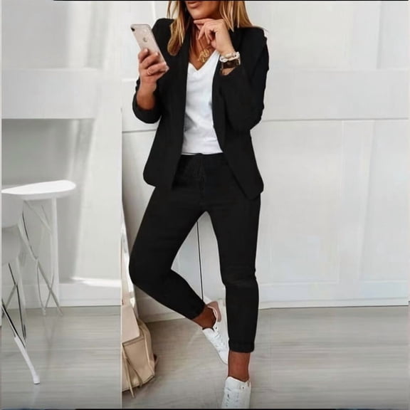 MORTTIC Women's Solid Color Suit Set Long Sleeve Notch Lapel Blazer with Drawstring Waist Pants Business Casual Outfit Black L