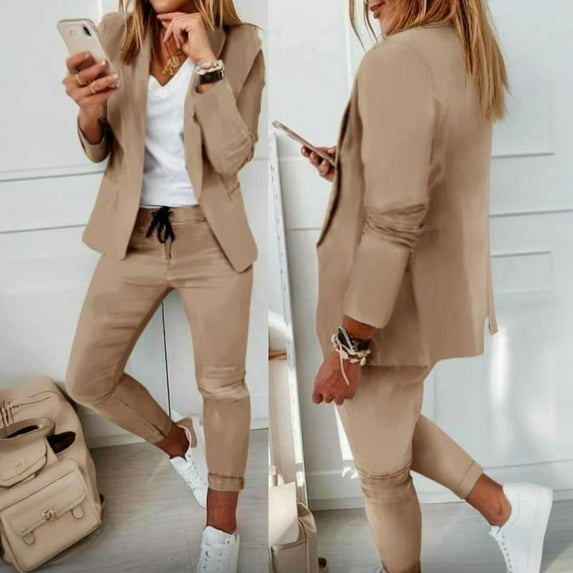 MORTTIC Women's Solid Color Suit Set Long Sleeve Notch Lapel Blazer with Drawstring Waist Pants Business Casual Outfit Khaki S