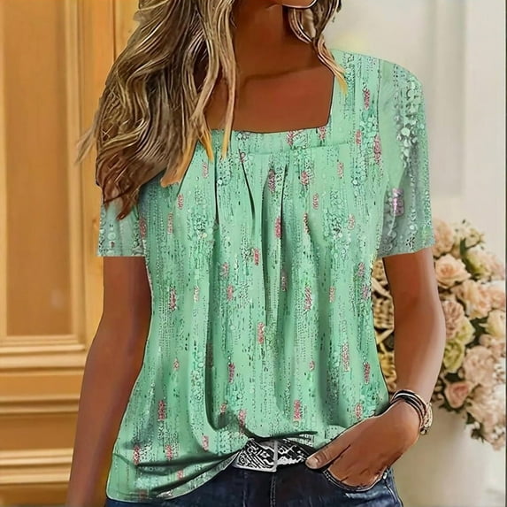 MORTTIC Women's Sparkling Square Neck Sequin T-Shirt - Floral Print Short Sleeve Casual Top for Spring/Summer