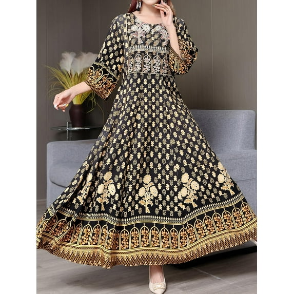 MORTTIC Women's Square Neck Paisley Maxi Dress, 3/4 Sleeve Elegant Ankle-Length Flowy Dress for Work or Weekend