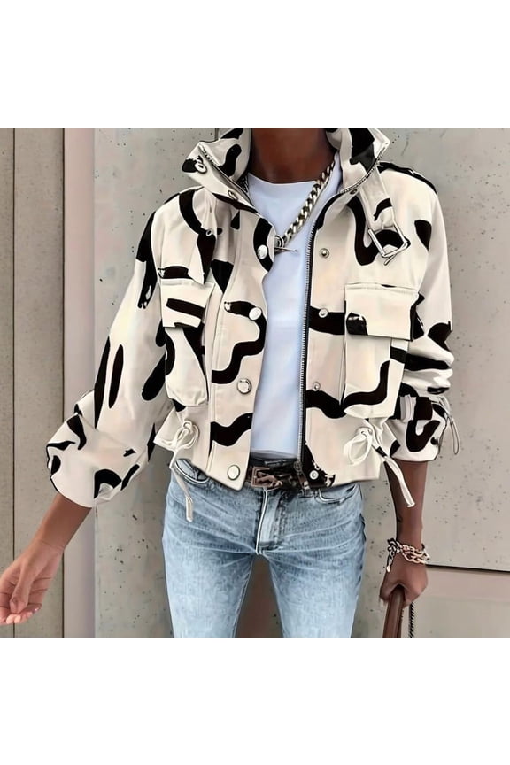Women's Stand Collar Cargo Jacket with Zipper Front & Drawstring Hem Long Sleeve Casual Jacket with Multiple Pockets for Spring/Fall
