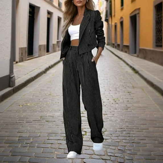 MORTTIC Women's Striped Long Sleeve Blazer & Pants Suit Set Casual Office Wear Two-Piece Outfit Spring/Fall Work Jacket with Straight Trousers
