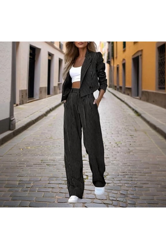 Women's Striped Long Sleeve Blazer & Pants Suit Set Casual Office Wear Two-Piece Outfit Spring/Fall Work Jacket with Straight Trousers