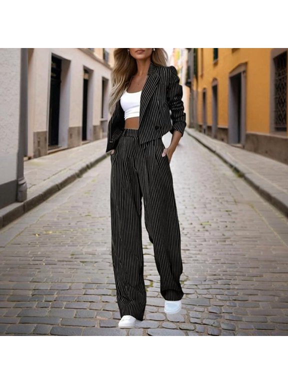 Women's Striped Long Sleeve Blazer & Pants Suit Set Casual Office Wear Two-Piece Outfit Spring/Fall Work Jacket with Straight Trousers