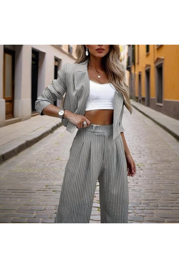 Women's Striped Long Sleeve Blazer & Pants Suit Set Casual Office Wear Two-Piece Outfit Spring/Fall Work Jacket with Straight Trousers