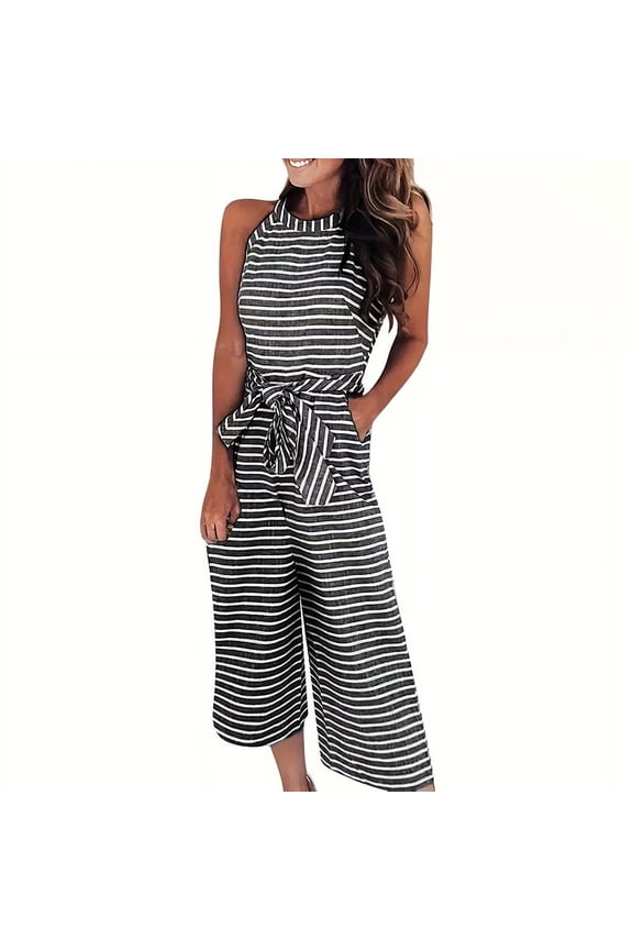 Women's Striped Sleeveless Wide-Leg Jumpsuit with Bow Belt High Waist Casual Summer Romper Black,M