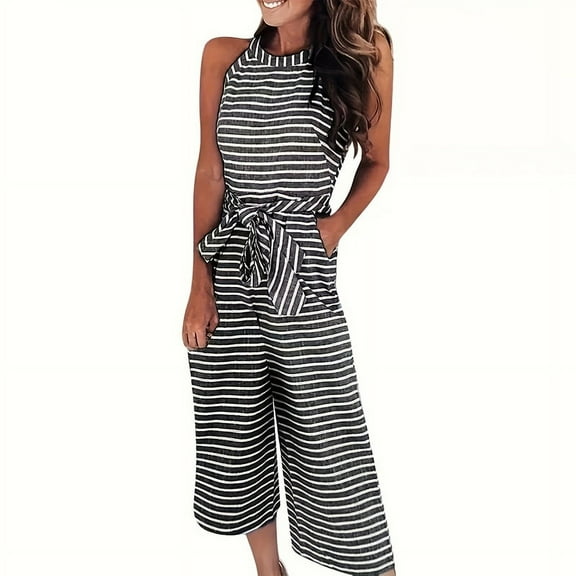 MORTTIC Women's Striped Sleeveless Wide-Leg Jumpsuit with Bow Belt High Waist Casual Summer Romper Black,XXL