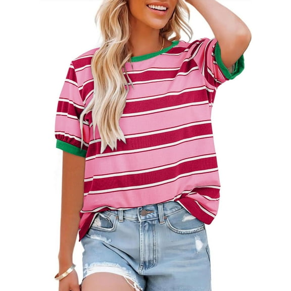 MORTTIC Women's Stylish Color Block Striped T-Shirt Crew Neck Short Sleeve Loose Fit Tee for Everyday Wear, S