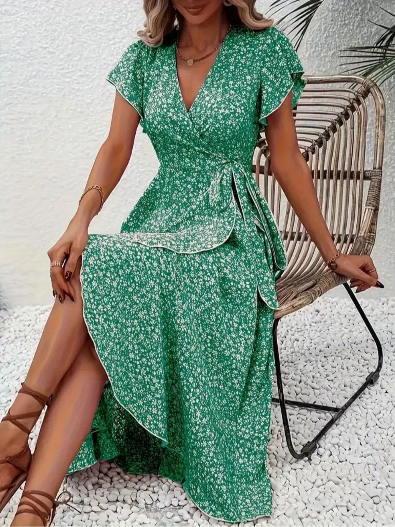 MORTTIC Women's Summer Boho Maxi Dress - Floral Print, Wrap V Neck, Short  Sleeve, Ruffle A-Line Flowy Wedding Guest Dress - Walmart.com