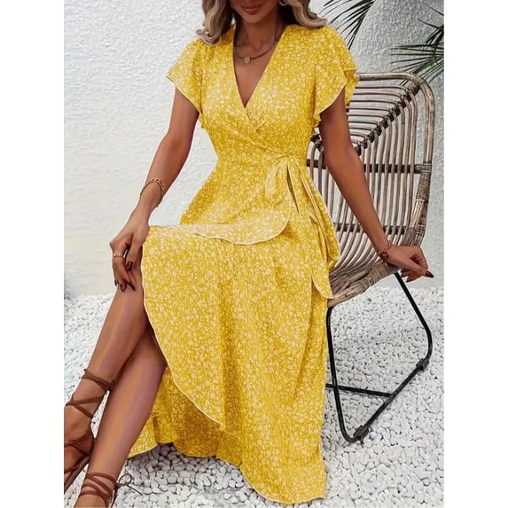 MORTTIC Women's Summer Boho Maxi Dress - Floral Print, Wrap V Neck, Short Sleeve, Ruffle A-Line Flowy Wedding Guest Dress