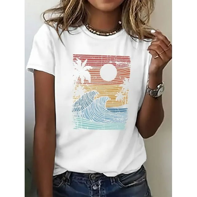 MORTTIC Women's Summer Casual T-Shirt, Geometric Patterned Crew Neck Top, Loose Fit Short Sleeve Tee Fashion Tee for Daily Wear