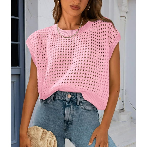 MORTTIC Women's Summer Crew Neck Short Sleeve Sweater Casual Crochet Hollow Out Knit Pullover Shirt, Beach Coverup Top, Pink, M