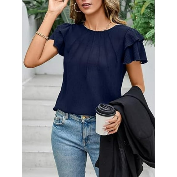 MORTTIC Women's Summer Ruffle Sleeve Blouse Casual Crew Neck Work Tops for Office or Daily Wear, L
