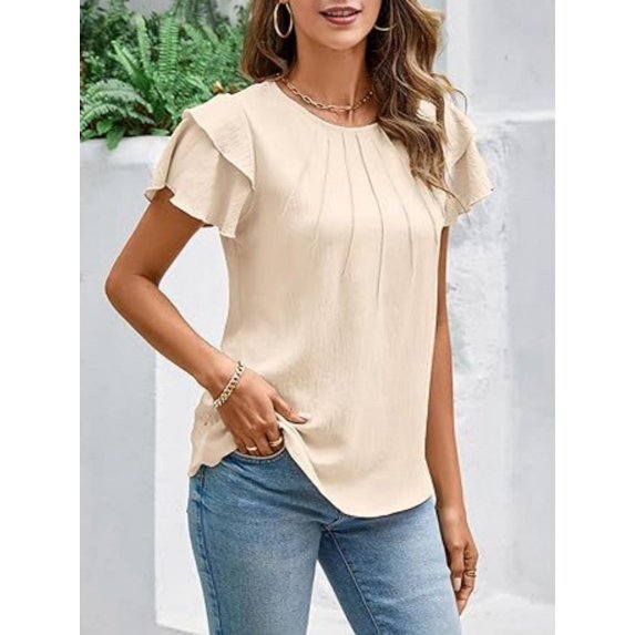 MORTTIC Women's Summer Ruffle Sleeve Blouse Casual Crew Neck Work Tops for Office or Daily Wear, M