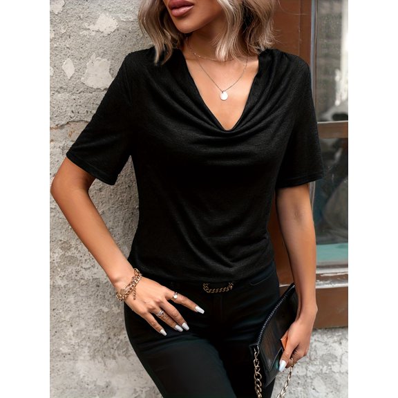 MORTTIC Women's Summer Short Sleeve Top Cowl Neck, Slim Fit, Elegant Casual T-Shirt for Daily Wear, S