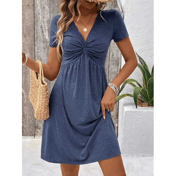 MORTTIC Women's Summer Twist Front & Ruched Waist V-Neck Short Sleeve A-Line Dress, S