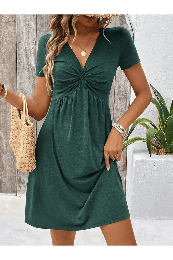 Women's Summer Twist Front & Ruched Waist V-Neck Short Sleeve A-Line Dress, XL