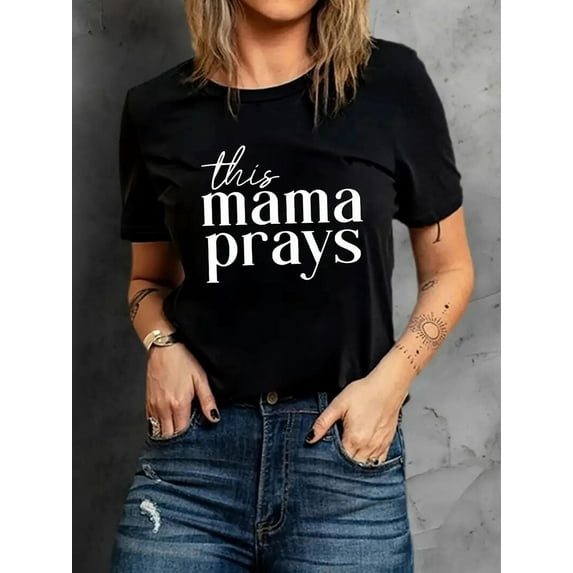 MORTTIC Women's "This Mama Prays" T-Shirt – Mom Life Faith Graphic Tee, Funny Short Sleeve Top