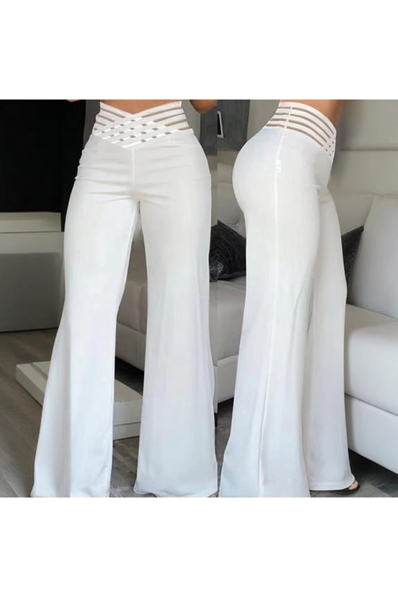 Women's Transparent Mesh Patchwork High Waist Pants With Elegant Cross Detail, Solid Color Fashion Trousers