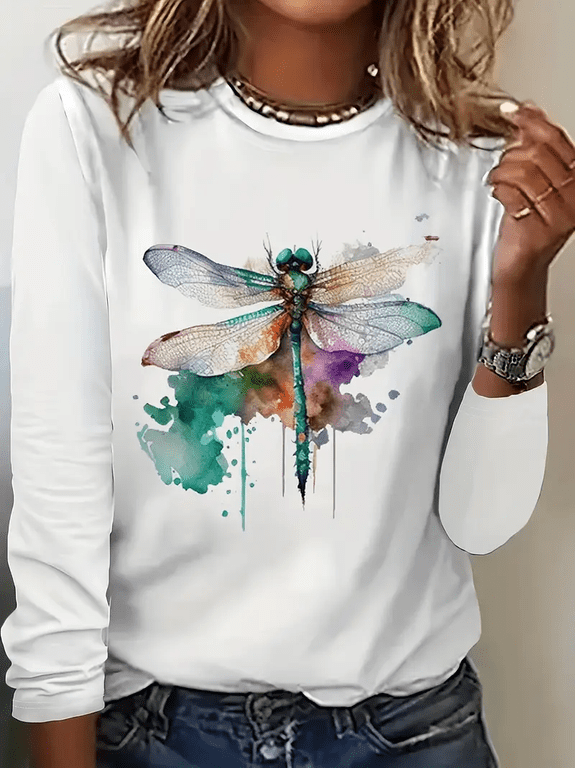 Women's Trendy Dragonfly Graphic Long Sleeve Pullover Tee – Fall & Winter Casual Basic Top, XL